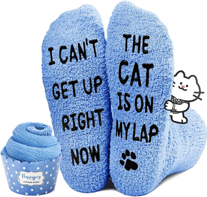 HAPPYPOP Cat Lover Gifts - Funny Fuzzy Novelty Socks for Cat Mom Dad Lovers Women Men Cat on Lap Blue