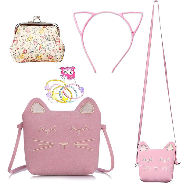 Cute Cat Crossbody Bag, 4 Pack Little Girls Purses | 1 Mini Coin Purse, Cat Headband, Elastic Hair Ties Pink