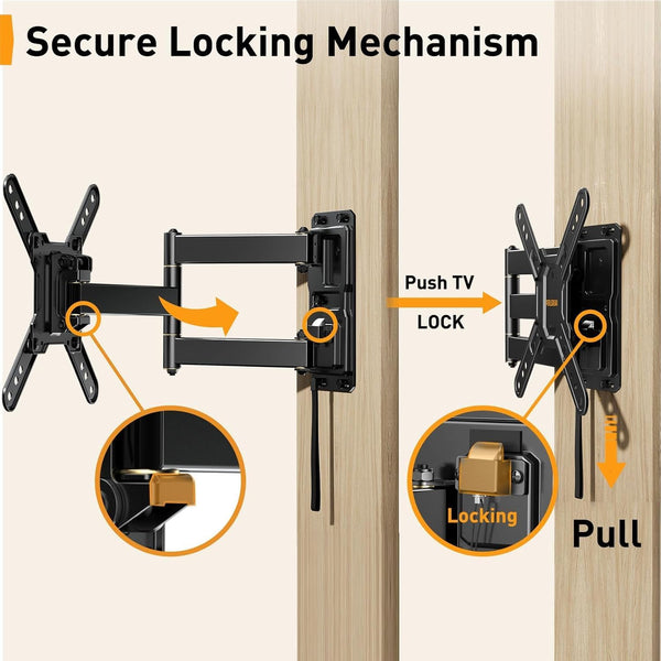 Perlegear Lockable RV TV Mount for 13–43 inch TVs up to 44 lbs, Full Motion RV TV Wall Mount with Swivel, Tilt, Pull Cord Lock, RV TV Mount for