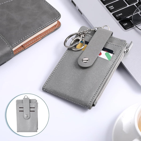 Grevosea Credit Card Holder for Women, Slim Minimalist Wallet ID Card Holder Zipper Front Pocket Wallet with 7 Card Slots and 2 ID Window for Men