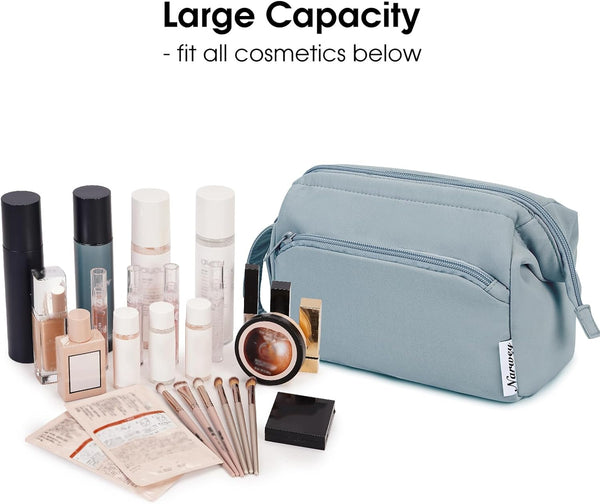 Narwey Wide-Open Makeup Bag Women Make up Bag Travel Cosmetic Bag Organizer Toiletry Bag for Cosmetics Toiletries Accessories (Greyish Blue)