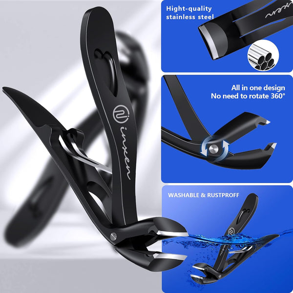 Toenail Clippers for Thick Nails for Seniors| INXEN 3-Pack Ergonomic Heavy Duty Angled Head Nail Clippers with Catcher | Premium Steel Wide
