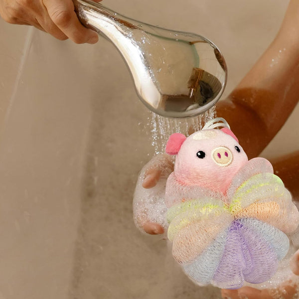 Bath Sponges 2Pieces Cute Cartoon Animal Bath Loofahs Pouf Mesh Balls Body Scrubber Bathing Accessories Gifts for Women (Bee + Pig)