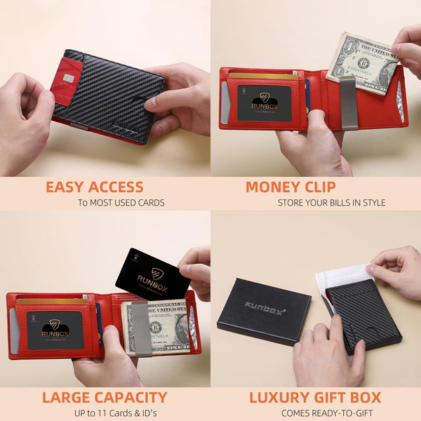 RUNBOX Slim Money Clip Wallets for Men RFID Blocking 11 Card Holder Minimalist Small Leather Bifold Men's Front Pocket Wallet Gift Box Carbon