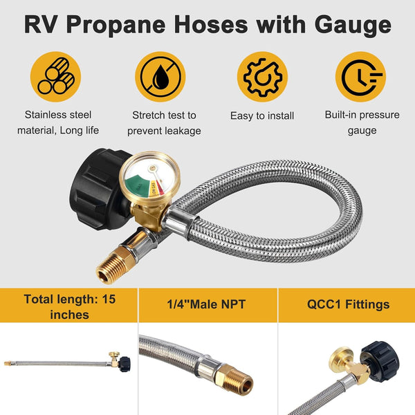 15 inch (packs of 2) RV Propane Hoses with Gauge, Stainless Steel Braided Camper Tank Hose,Rv lp Gas Hoses Connector for Standard Two-Stage