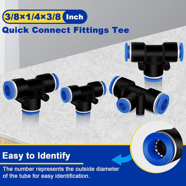 Push to Connect Fittings 3/8" X 1/4" X 3/8" OD Reducing Tee- 6 PCS 3/8" X 1/4" OD Quick Connect Air Hose Fittings - Reducing Straight Union