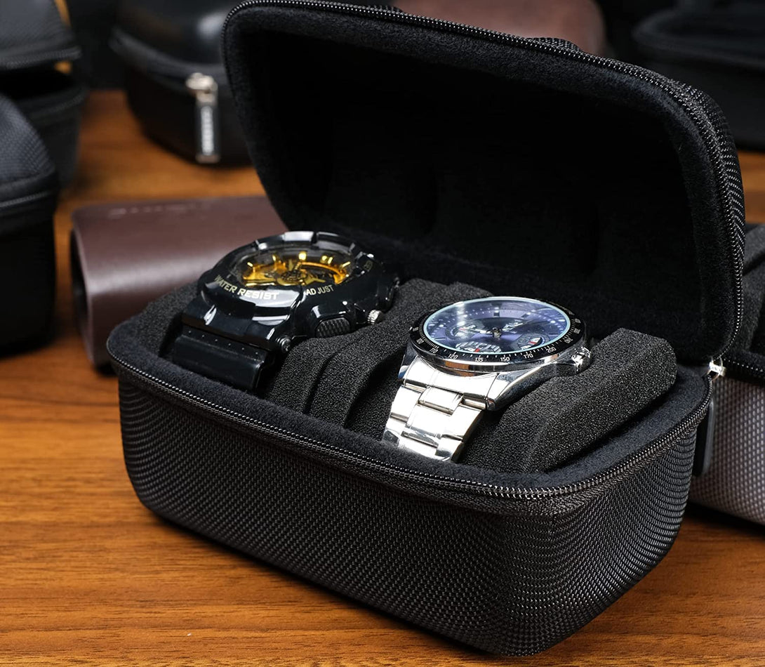 Hard Compact Watch Roll Travel Case, 2 Slots Portable Holder and Organizer with Soft Pillow, Keep Watch from Moving(Fit up to 55 Mm)