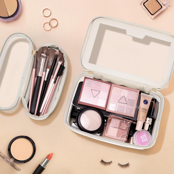 Travel Clear Makeup Bag with Makeup Brush Bag, Leather Make up Case Toiletry Bag, Portable Cosmetic Bag Case, Transparent Waterproof Cosmetic