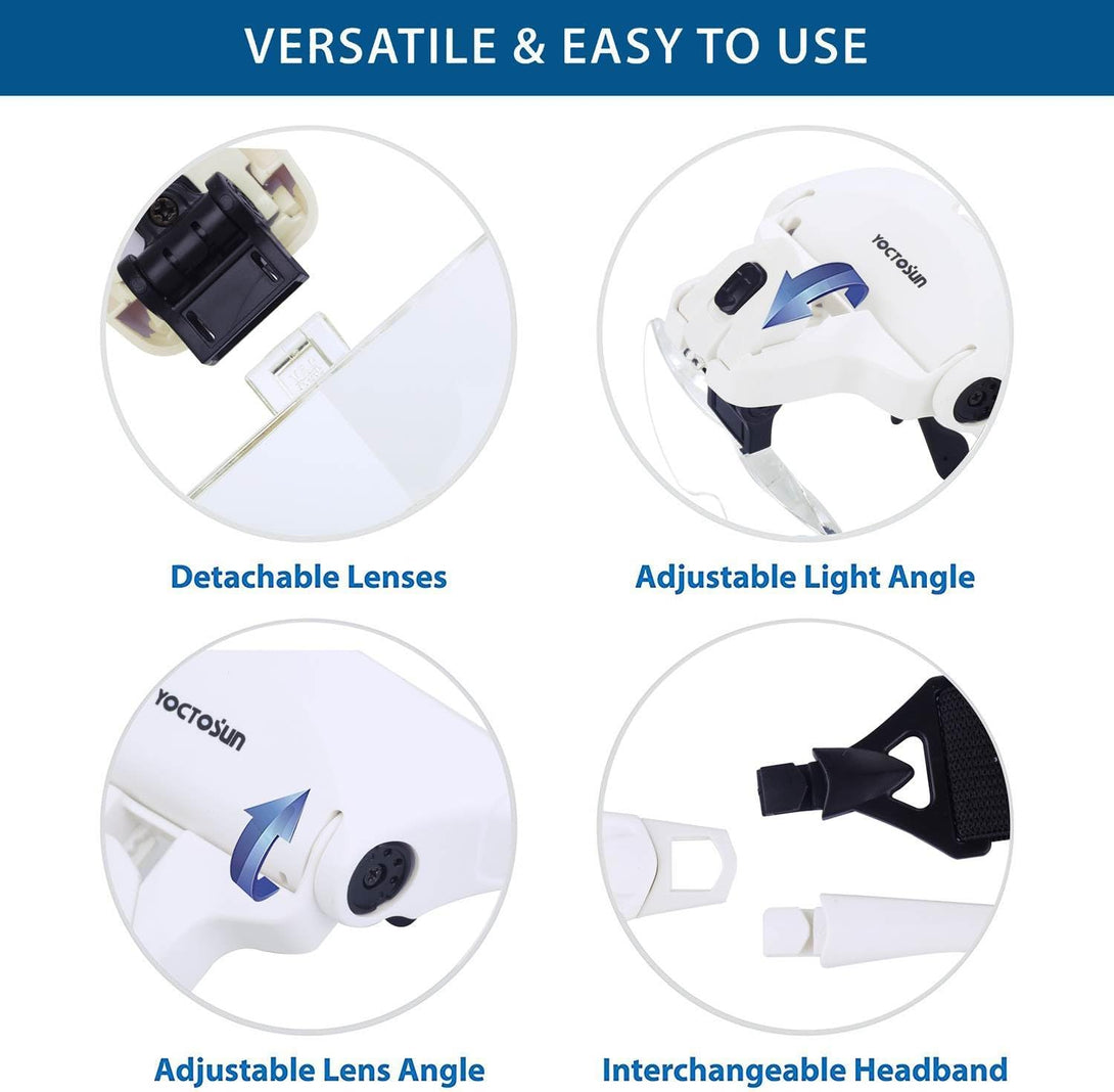 YOCTOSUN Head Mount Magnifier with 2 Led Professional Jeweler'S Loupe Light Bracket and Headband Are Interchangeable