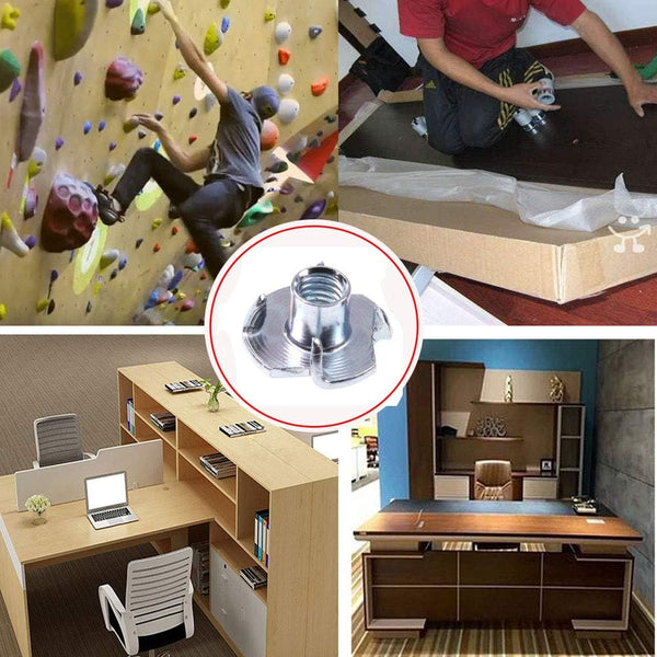 T-Nut 1/4"-20,5/16"-18, 3/8"-16, (100 Pack) 4 Pronged Tee Nut Assortment Kit,for Rock Climbing Holds, Wood, Cabinetry, etc.