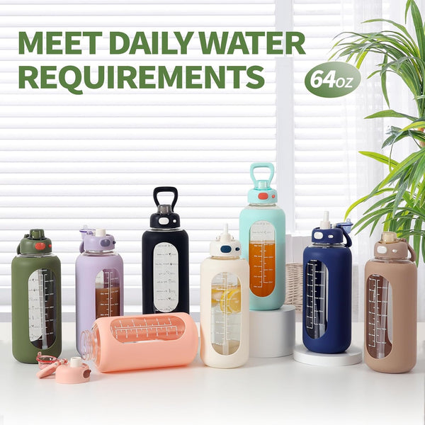 SIEROZUR 64 oz Glass Water Bottle with Straw and Handle Half Gallon Large Water Bottle with Silicone Sleeve and Time Marker Sports Water Jug Wide