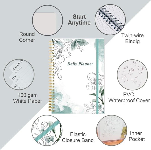 Daily Planner Undated - A5 To Do List Notebook Hourly Schedules, Spiral Appointment Planner for Women and Men, PVC Hardcover, Inner Pocket,
