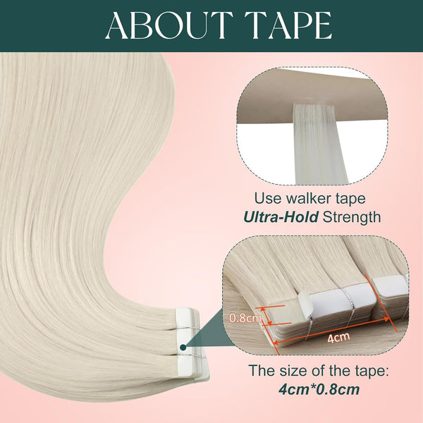 Easyouth Blonde Tape in Hair Extensions Human Hair White Blonde Human Hair Extensions Tape in 20pcs 14 Inch Softness Hair Extension Tapes in for