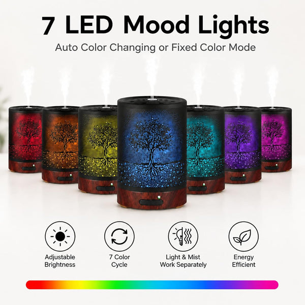 Metal Essential Oil Diffuser 7 Color LED Lights Auto Shut Off Tree