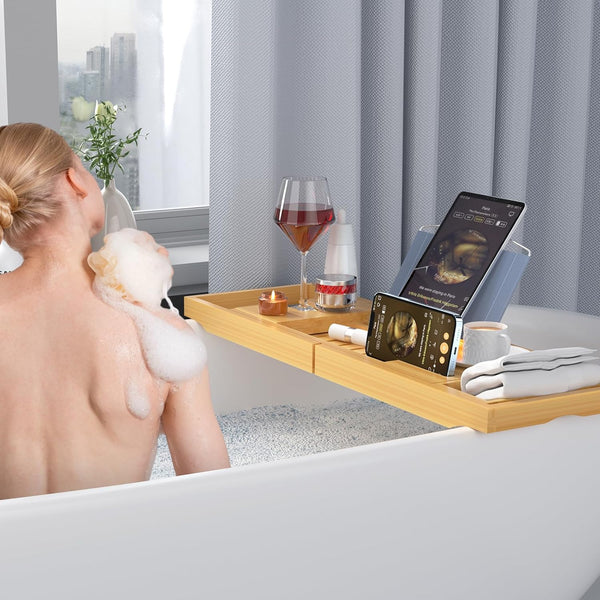 Luxury Bathtub Caddy TrayÃ¯Â¼ÂBamboo Bathtub Tray Caddy - Wood Bath Tray ExpandableÃ¯Â¼ÂCan Be Placed Book and Integrated Tablet Smartphone and Wine