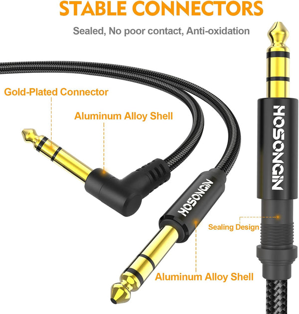 HOSONGIN 1/4 Inch TRS Instrument Cable 15 feet 2-Pack, Straight-to-Right Angle 6.35mm Male Stereo Audio Cord, Balanced Interconnect Line for