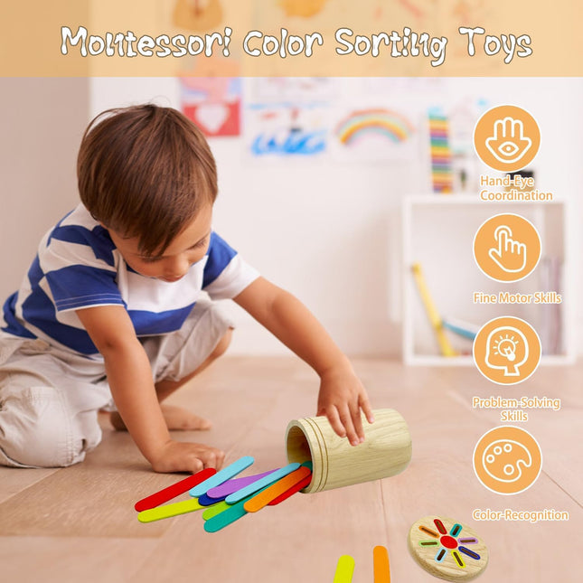 Wooden Montessori Sticks Toys for Kids, 8 Colors Natural Wood Toddler Learning S