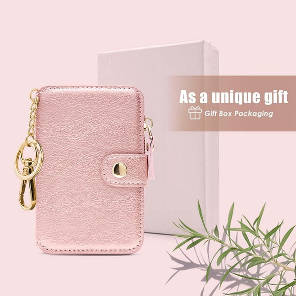 Keychain wallet, Rfid Blocking Credit Card Holder Leather, Zipper Card Case for Women Pink