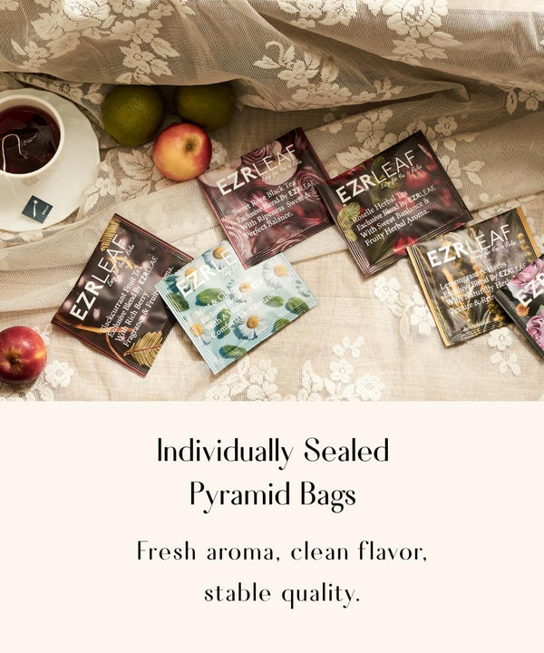EZR Leaf Herbal & Fruit Tea Sampler Gift Box – 22 Pyramid Tea Bags with 9 Fruit & Floral Blends – Low & Caffeine Free Assortment for Relaxing Tea