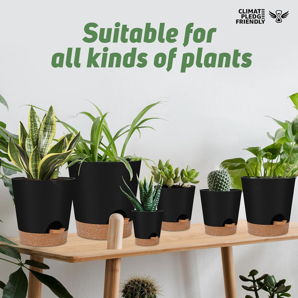 YNNICO Indoor Self Watering Planters with Drainage Holes and Saucers, 8, 7, 6.5, 6, 5.5, 5 Inches, Black, 6 Pots 8+7+6.5+6+5.5+5 inch Black