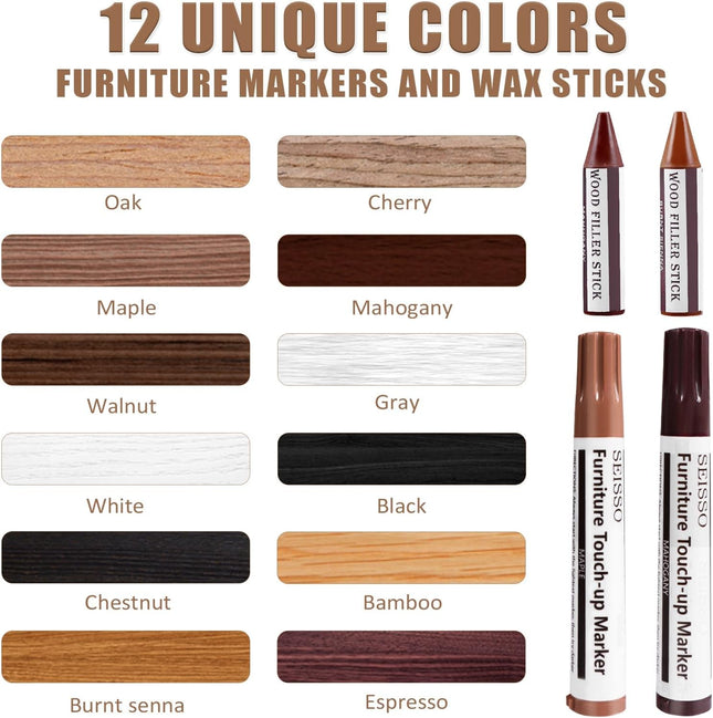 SEISSO Furniture Repair Kit, 12 Colors Furniture Touch-Up Markers and Wood Fille