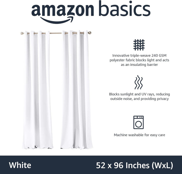 Amazon Basics Room Darkening Blackout Window Curtain with Grommets, Noise Reducing, 100% Blackout, 52 x 96 inches, White, Set of 2 52"W x 96"L