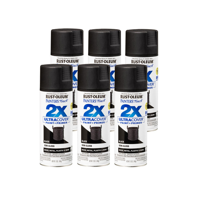 Rust-Oleum 249061-6PK Painter'S Touch 2X Ultra Cover Spray Paint, 12 Oz, Semi-Gloss Black, 6 Pack