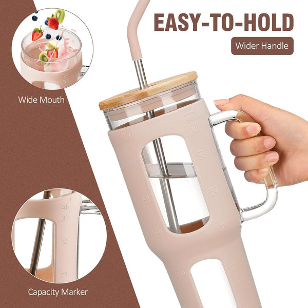 Glass Tumbler with Lid and Straw, 46 Oz Iced Coffee Cup with Handle, Glass Water Bottles with Silicone Sleeve, Glass Cup with Straws - Pearl Straw