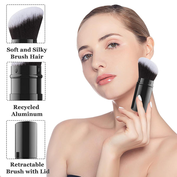 Retractable Kabuki Brush, Travel Powder Face Makeup Brushes | Portable Flawless Makeup Brush for Foundation, Blush, Bronzer, Buffing, Cruelty Free