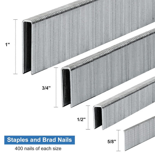18 Gauge 1/4 Inch Narrow Crown Staples 4 Assorted Sizes 1600-Count | 400 PCS per Size: Galvanized Staples 1/2", 3/4", 1" & Brad Nails 5/8" fit