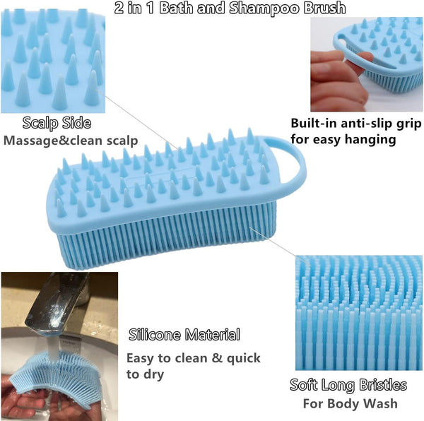 2Pack Dual Sided Silicone Body Scrubber for Exfoliating, Shower and Scalp Massage, 2 in 1 Bath & Shampoo Brush,Soft Exfoliating Body Shower