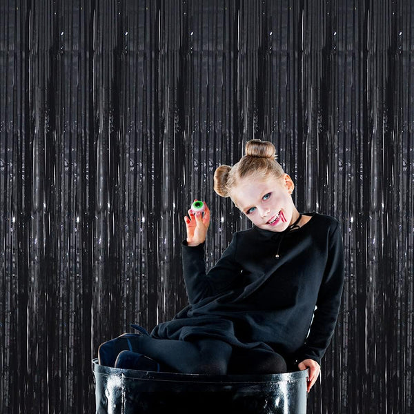 GOER 3.2 ft x 9.8 ft Black Photo Backdrop Party Streamers for Halloween,Birthday Party,1 Pack Black Metallic Tinsel Foil Fringe Curtains Party