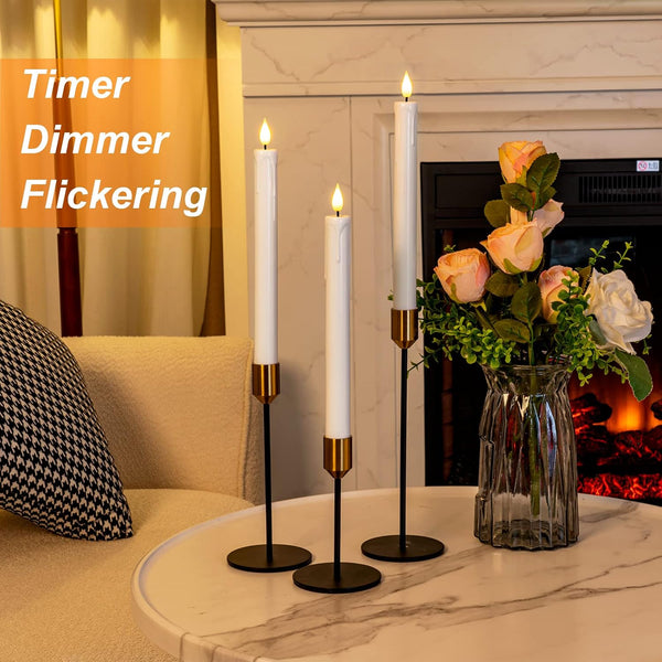 Homemory 3 Pcs Flameless Taper Candles with Remote Timer Dimmer, 9.6" White Flickering Candlesticks Battery Operated, Realistic Plastic LED