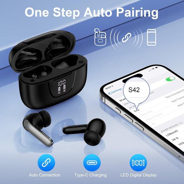 Wireless Earbuds Bluetooth 5.3 Headphones,Noise Cancelling Earbuds with Deep Bass 60H Playback Stereo Ear Buds with Mic LED Display Charging Case
