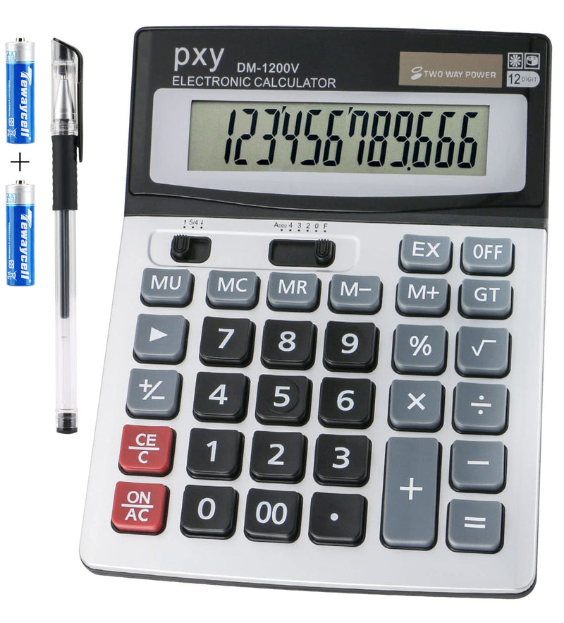 Desk Calculator 12 Digit Extra Large LCD Display, Touch Comfortable with Big Buttons, PXY Two Way Power Battery and Solar Standard Function Office