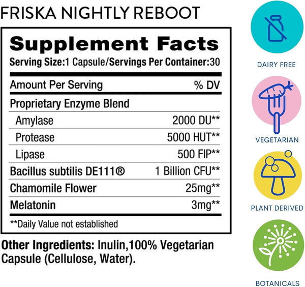 Friska Nightly Reboot - Nighttime Digestive Enzymes, Probiotic for Gut Balance & Bloating Support, with Melatonin & Chamomile to Promote