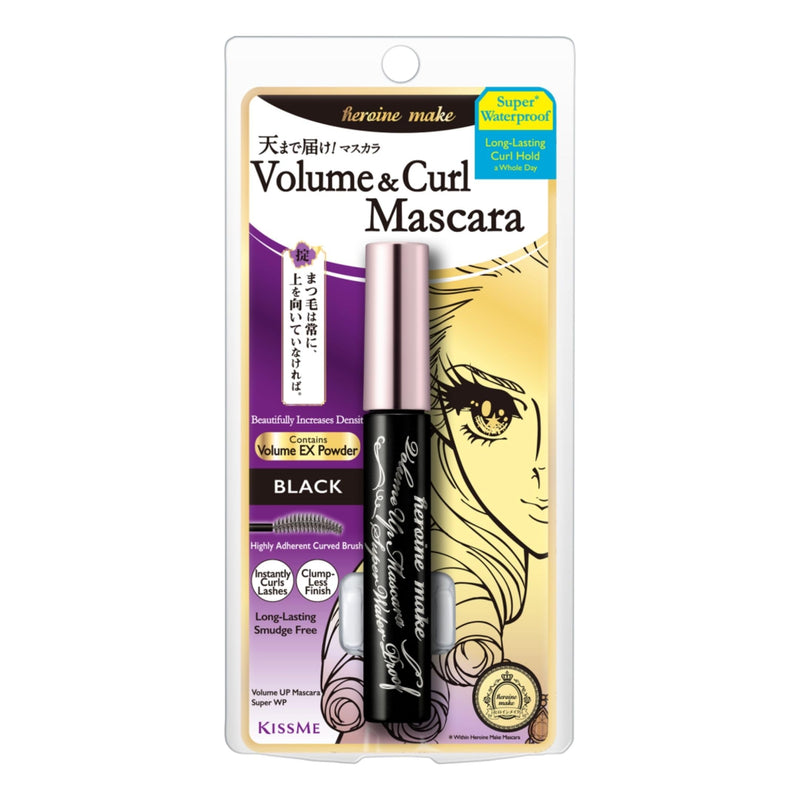 HEROINE MAKE by KISSME Volumizing Eyemakeup Mascara with Waterproof Black Curvy Brush, Defining Fiber Long-Lasting False Eyelash Effect, Made in Japan