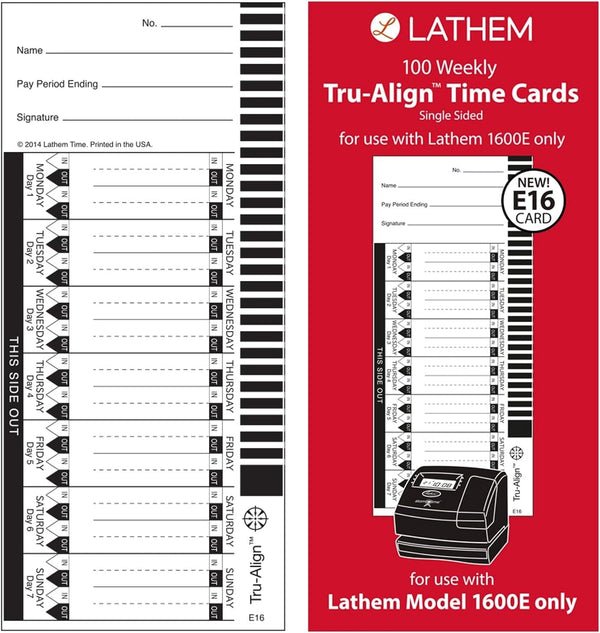 Lathem Trualign E16 Time Cards for 1600E, Weekly, 1-Sided, 4" X 9", White, Box of 100, (E16-100)