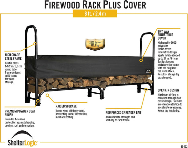Shelterlogic 8' Adjustable Heavy Duty Outdoor Firewood Rack with Steel Frame Construction and Water-Resistant Cover