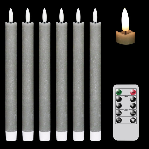 GenSwin Flameless Grey Taper Candles Flickering with 10-Key Remote, Battery Operated Led Warm 3D Wick Light Window Candles Real Wax Pack of 6,
