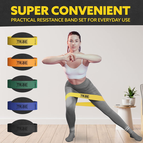 Tribe Lifting Fabric Resistance Bands for Working Out - 5 Exercise Bands Set for Legs and Glutes - Booty Bands for Women and Men - Thick Cloth
