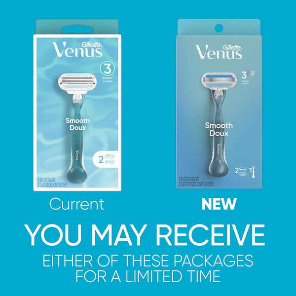 Gillette Venus Smooth Razor for Women, Includes 1 Reusable Razor Handle + 2 Count 3-Bladed Refills, Ergonomic Soft Grip Handle 1 Count (Pack of 1)