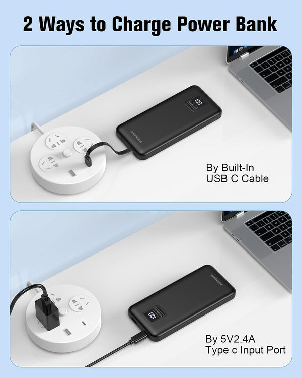 AsperX 2-Pack 10000mAh Portable Charger with Built-in Cables, USB-C Output Power Bank Fast Charging, LED Display Travel Essential Battery Pack for