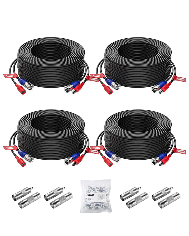 ZOSI 4-Pack 100ft (30m) BNC Video Power Cables, All-in-One Pre-Made Extension Wire for CCTV Security Camera Surveillance