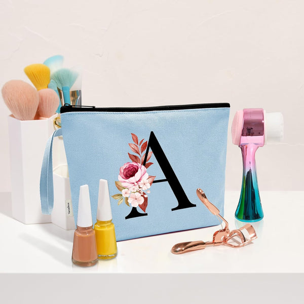 Vavabox A-Z Personalized Makeup Bag, Birthday Gifts for Women Mom, Gifts for Best Friend, Bride Bridesmaid Cosmetic bag (A, Blue) Blue A