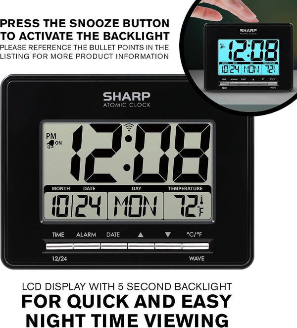 Sharp Atomic Digital Alarm Clock | Auto Set, Time Display, Date Display, Temperature Display