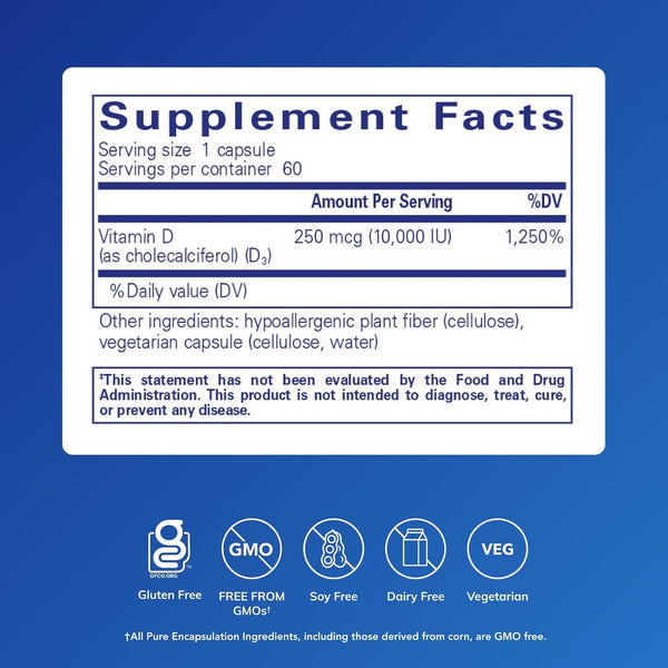 Pure Encapsulations Vitamin D3 250 Mcg (10,000 IU) - Supplement to Support Bone, Joint, Breast, Heart, Colon & Immune Health - with Premium
