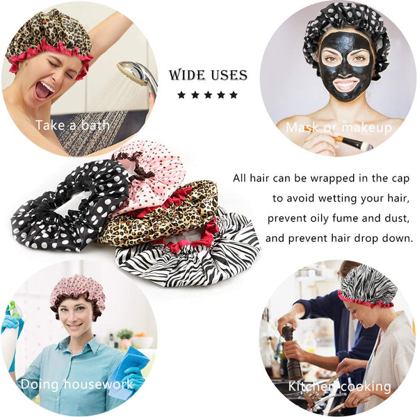 4 Pcs Shower Cap for Women Double Waterproof Layers Reusable Elastic 4 Count (Pack of 1)