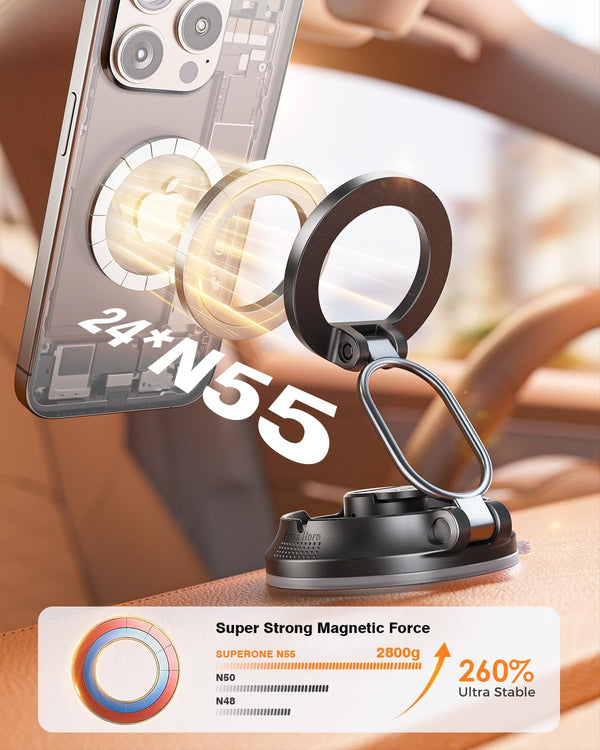 SUPERONE Car Phone Holder for Magsafe [78+LBS Strongest Suction & 2800gf Magnetic] 360° Adjustable Magnetic Car Mount, Foldable Cell Phone Holders