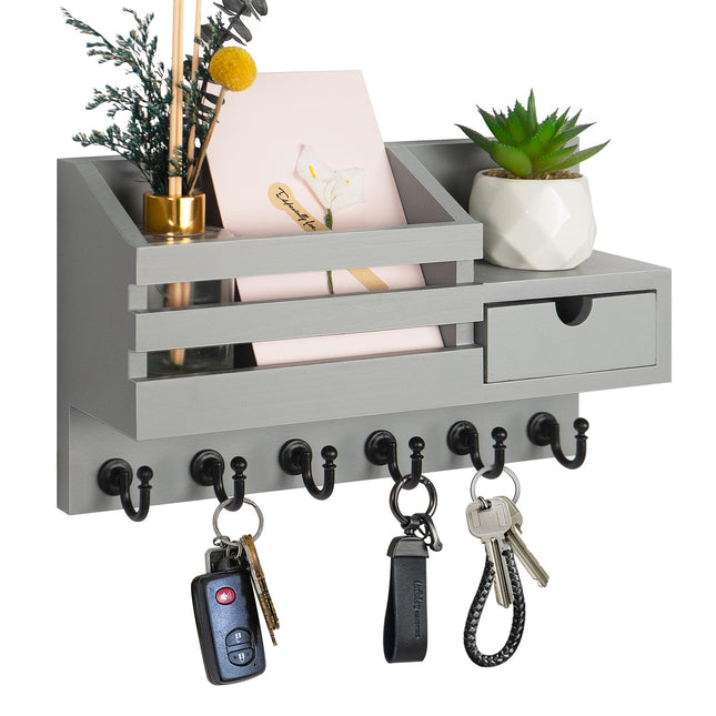 Key and Mail Holder for Wall, Mail Organizer Wall Mount with 6 Hooks and Storage Drawer, Easy Installation Key Rack for 
